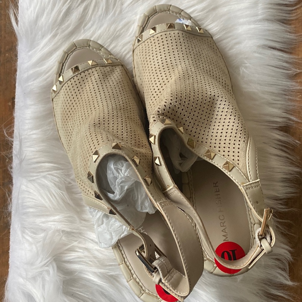 - Marc Fisher Beige Espadrilles with Gold Studs